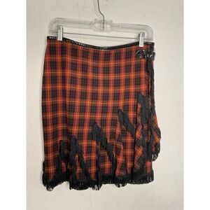 Jean Paul Gaultier Femme Vintage Plaid Red Tartan Fringe‎ Wool Skirt US 8